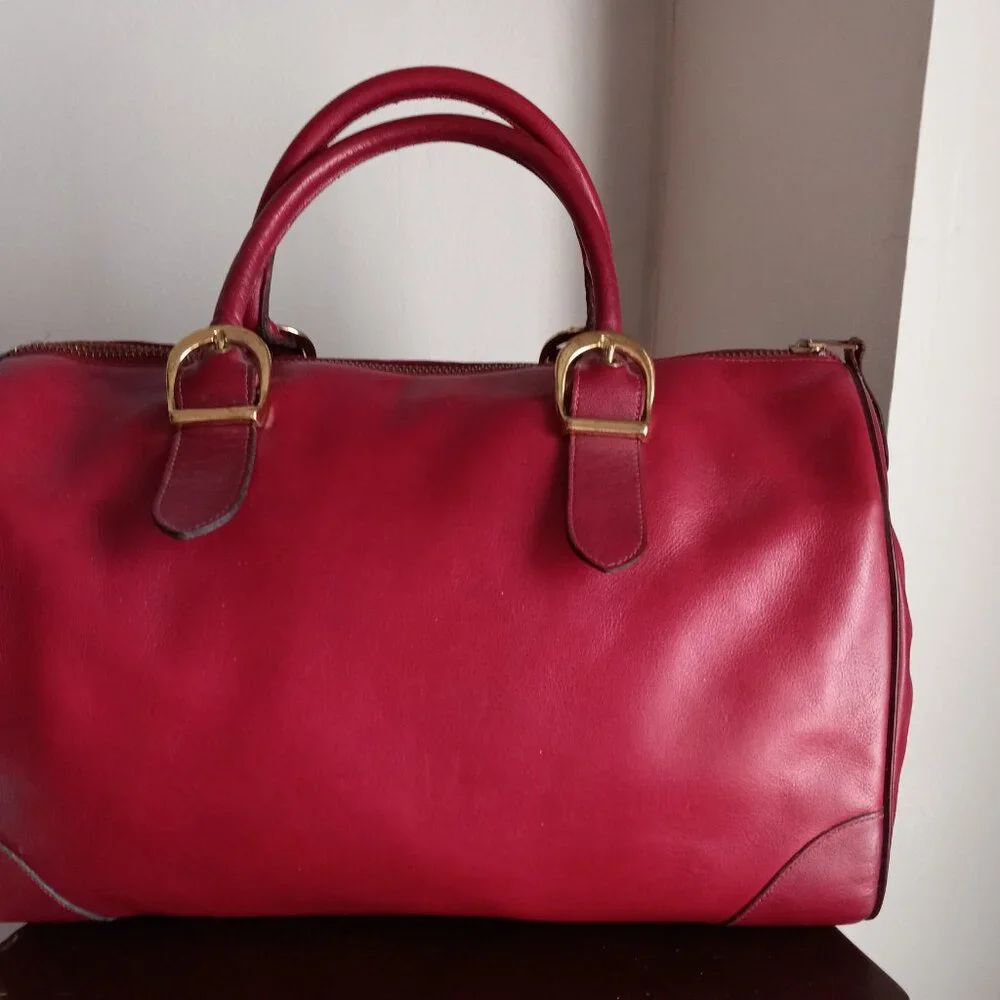 VINTAGE 80S 90S CROUCH & FITZGERALD BURGUNDY LEATHER BARREL PURSE BAG - Picture 2 of 9